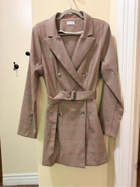 Kit & Sky Pink Plaid Belted Double-Breasted Blazer Coat